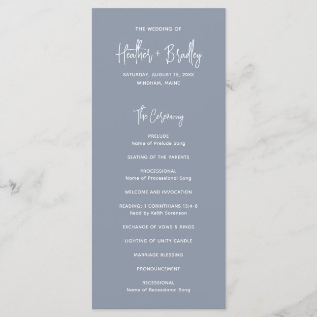 Programme Mariage Minimaliste Bleu Poussiéreux Moderne (Devant)