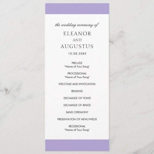 Programme Mariage Minimaliste Élégant Numérique Lavande Viol (Devant)