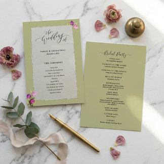 Programme Mariage Minimaliste et Élégant aux Fleurs Vert Sau