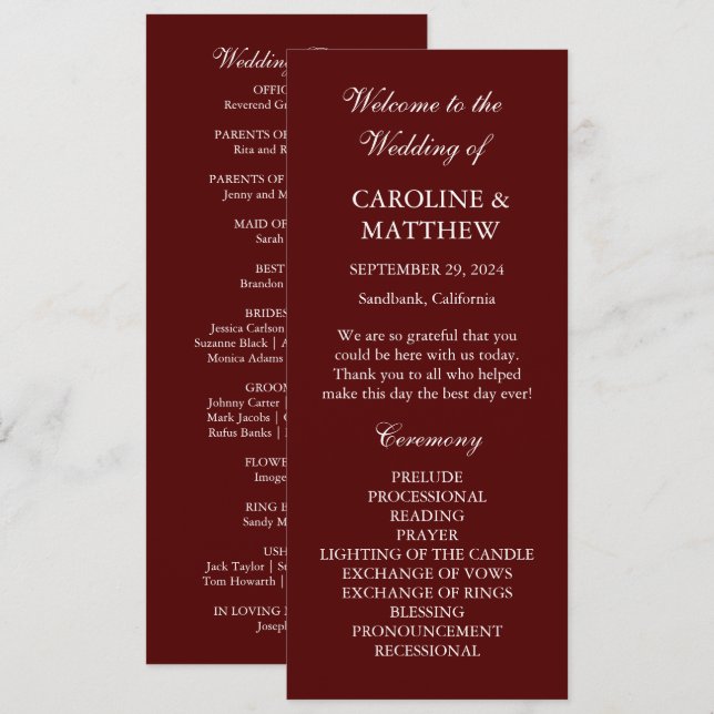 Programme Mariage minimaliste moderne Bohème Bourgogne  (Devant / Derrière)