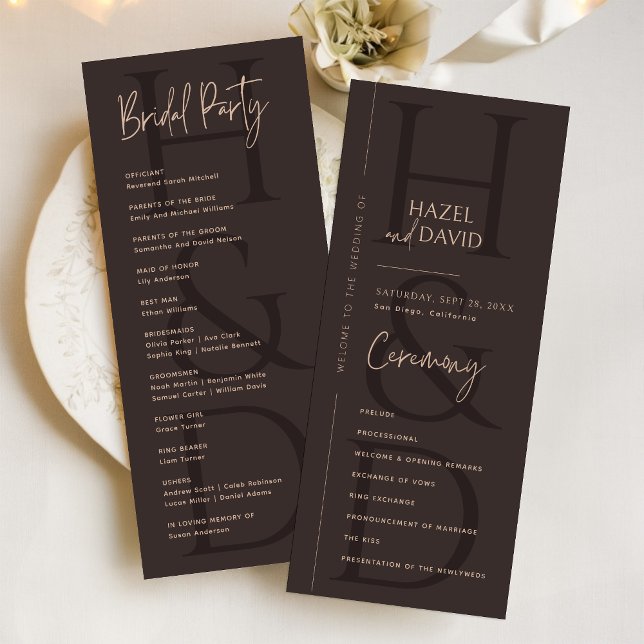 Programme Mariage Minimaliste Moderne Marron Monogramme (Modern minimalist brown monogram wedding program adds a warm, elegant touch to your ceremony.)