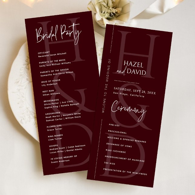 Programme Mariage Minimaliste Moderne Monogramme Bourgogne (Modern minimalist burgundy monogram program adds a rich, elegant touch to your ceremony.)