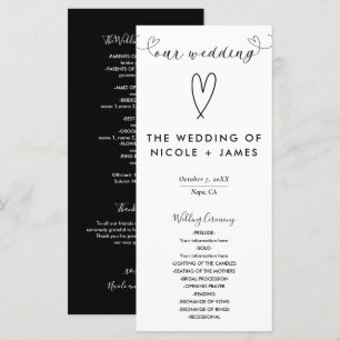 Programme Mariage minimaliste noir et blanc de coeurs modern