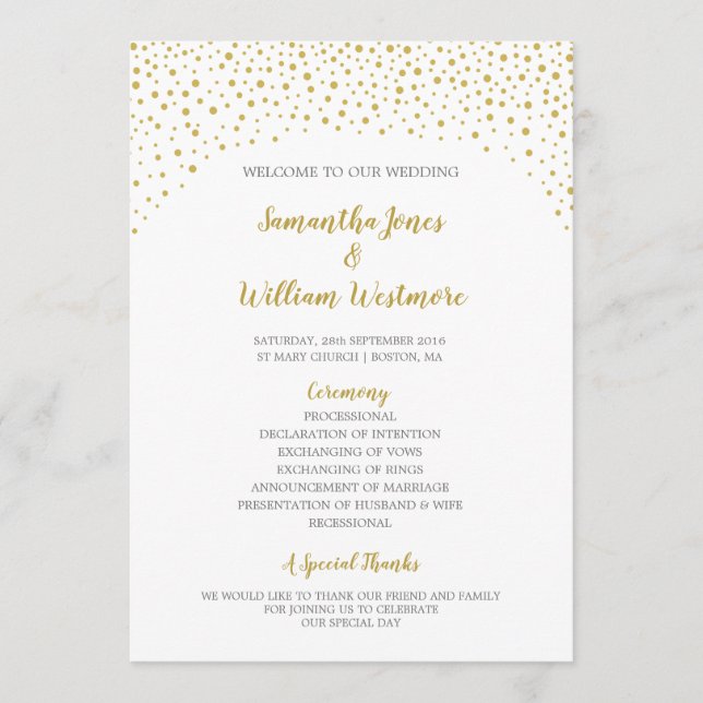 Programme Mariage moderne Elegant Gold Confetti (Devant)