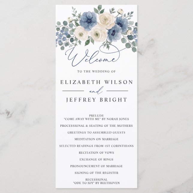 Programme Mariage Moderne Floral Bleu Poussiéreux Ivory Blus (Devant)