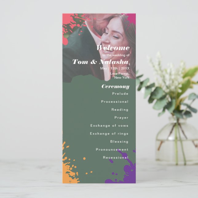 Programme Mariage moderne foncé vert gouttes design (Debout devant)