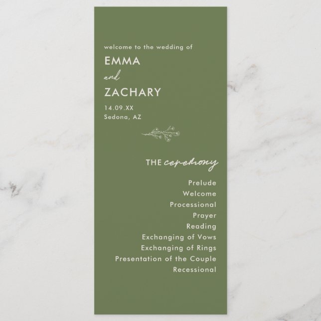 Programme Mariage Moderne Minimaliste Vert Olive (Devant)