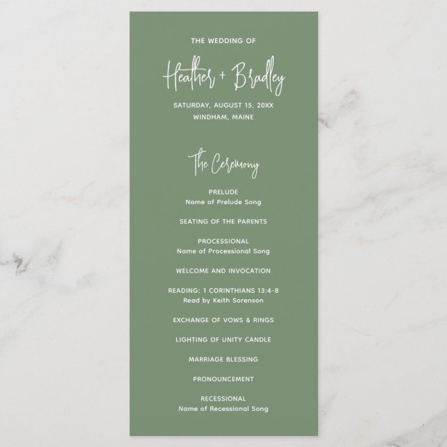 Programme Mariage Moderne Minimaliste Vert Sauge (Devant)