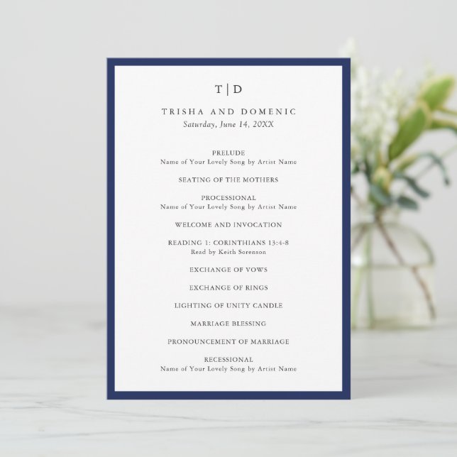 Programme Mariage Moderne Monogramme Bleu Marine Élégant (Debout devant)