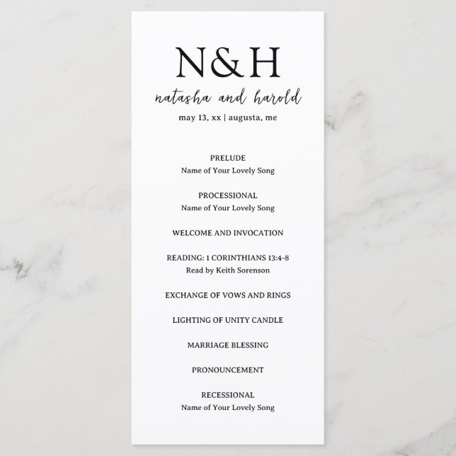 Programme Mariage Moderne Monogramme Gras Noir et Blanc (Devant)