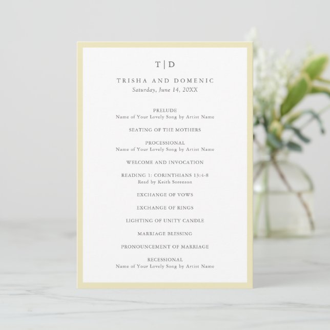 Programme Mariage Moderne Monogramme Jaune Beurre Élégant (Debout devant)