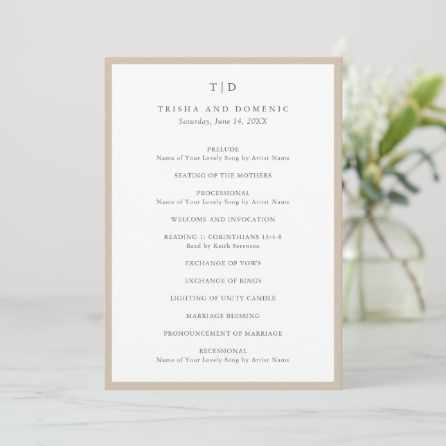 Programme Mariage Moderne Monogramme Neutre Élégant et Terri (Debout devant)