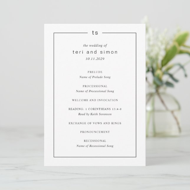 Programme Mariage Moderne Monogramme Noir et Blanc Intempore (Debout devant)