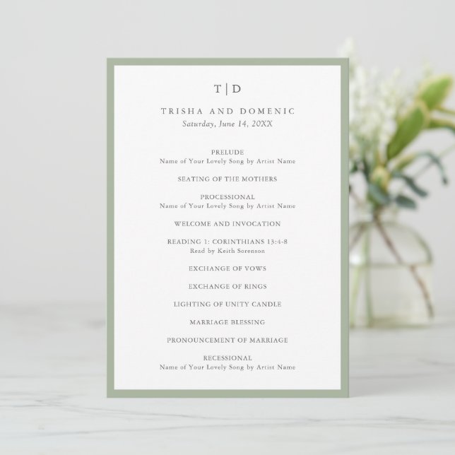Programme Mariage Moderne Monogramme Vert Sauge Élégant (Debout devant)