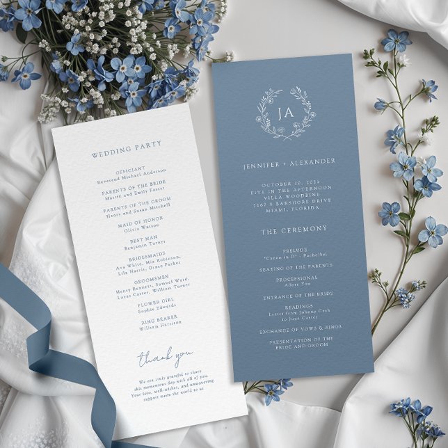 Programme Mariage Monogramme Bleu Poussiéreux (Créateur téléchargé)