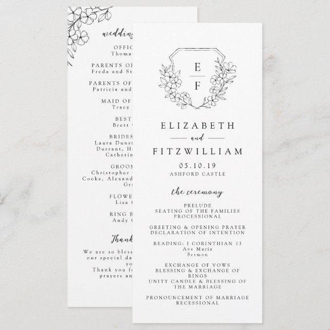 Programme Mariage Monogramme simple et élégant en fleur de c (Devant / Derrière)