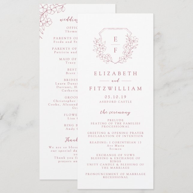 Programme Mariage Monogramme simple rose cerisier (Devant / Derrière)