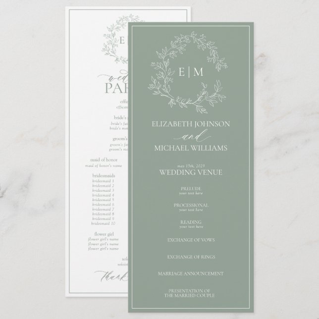 Programme Mariage Monogramme vert Sage moderne (Devant / Derrière)