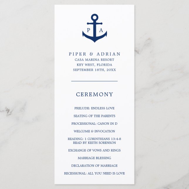 Programme Mariage Nautique Monogramme Ancre Bleu Marine (Devant)