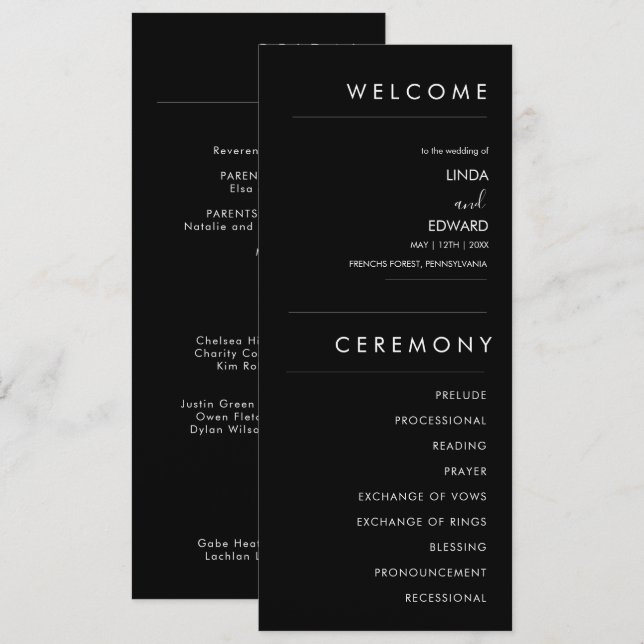 Programme Mariage noir traditionnel minimaliste moderne (Devant / Derrière)