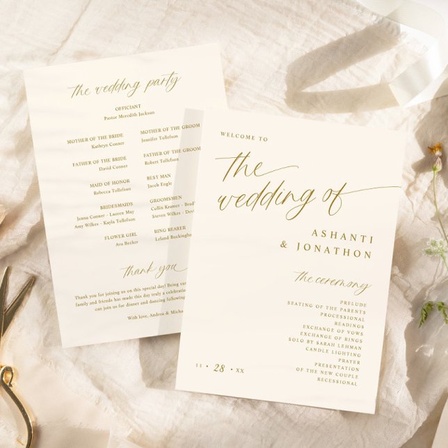 Programme Mariage Or et Ivoire Clair Romantique Doux (Soft Romantic Script Gold and Ivory Cream Wedding Programs - 5x7 Wedding Programs)