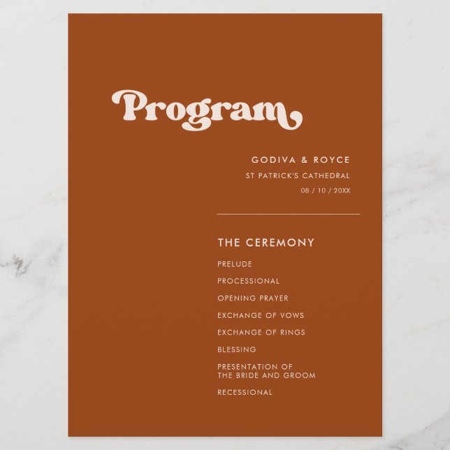 Programme Mariage orange rétro élégant (Devant)
