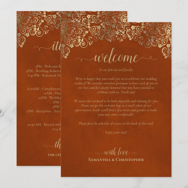 Programme Mariage Orange Rouille & Or Bienvenue & Itinéraire (Devant / Derrière)