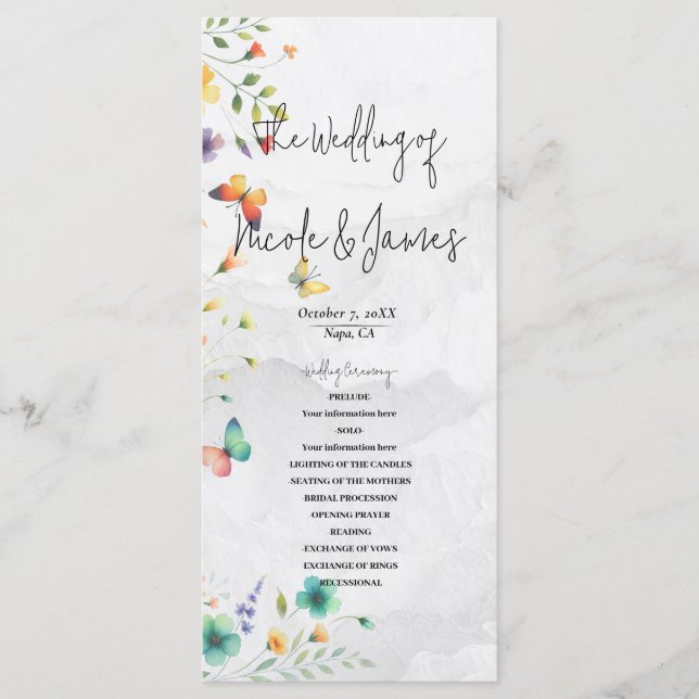 Programme Mariage papillon floral aquarelle coloré  (Devant)