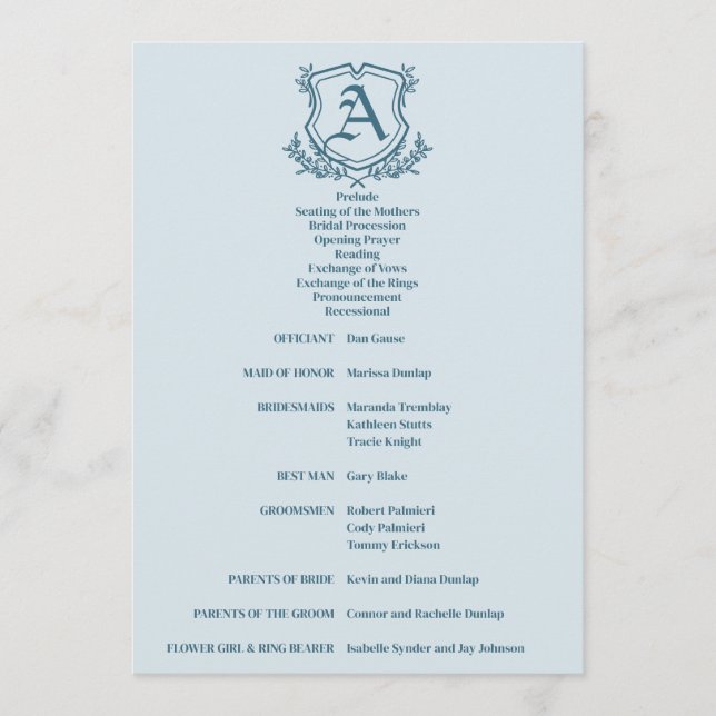 Programme Mariage Pastel Blue Leaf et Floral Monogram (Devant)