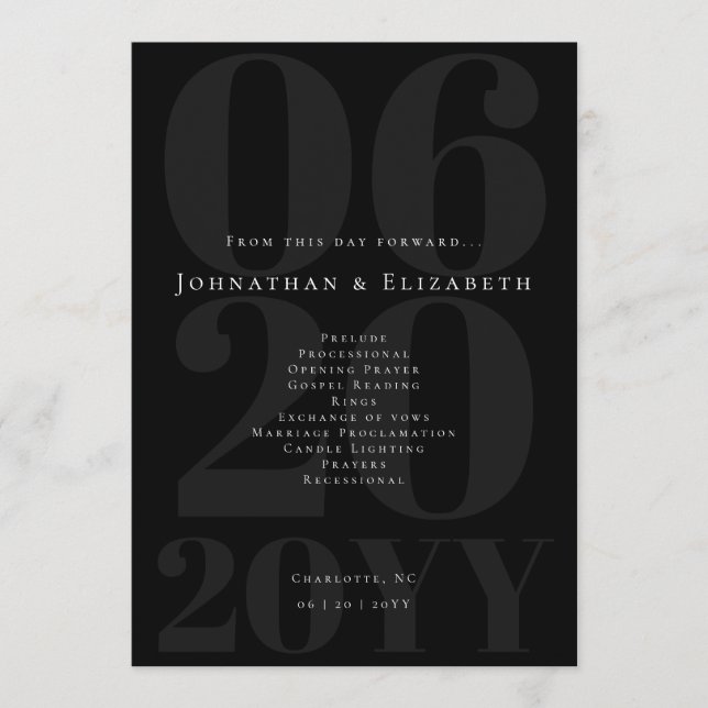 Programme Mariage photo de type Gras minimaliste noir (Devant)