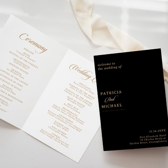 Programme Mariage plié calligraphié noir et or Classique (Créateur téléchargé)