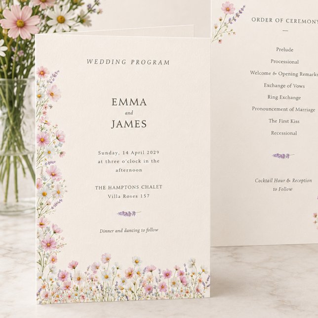 Programme Mariage plié de fleurs sauvages fantaisistes bohèm (Bohemian Whimsical Wildflowers Folded Wedding Program)