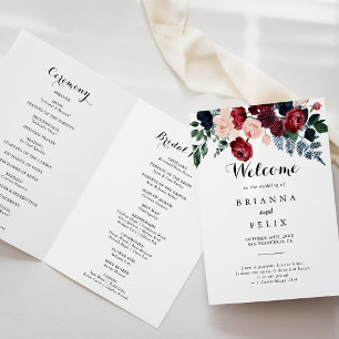 Programme Mariage plié Floral de la marine rose de Bourgogne