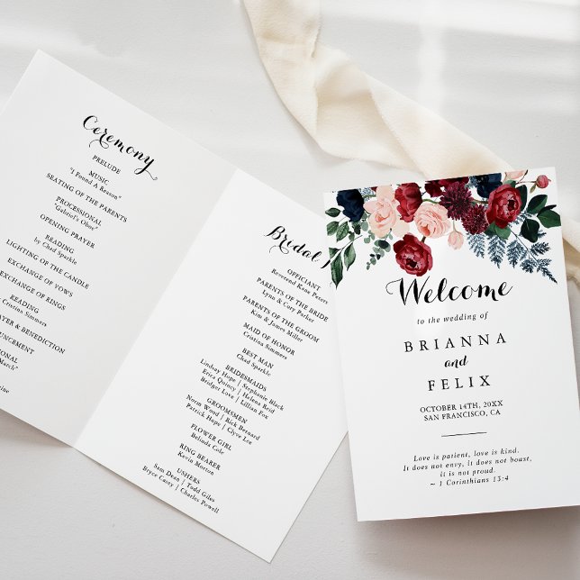 Programme Mariage plié Floral de la marine rose de Bourgogne (Créateur téléchargé)