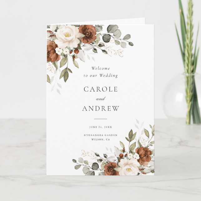 Programme Mariage Pliée Florale Rouille Beige Or Vert (Devant)