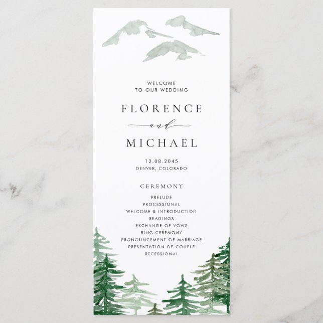 Programme Mariage romantique aquarelle en forêt (Devant)