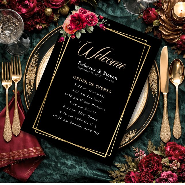 Programme Mariage romantique élégant floral rouge noir d'hum (Créateur téléchargé)