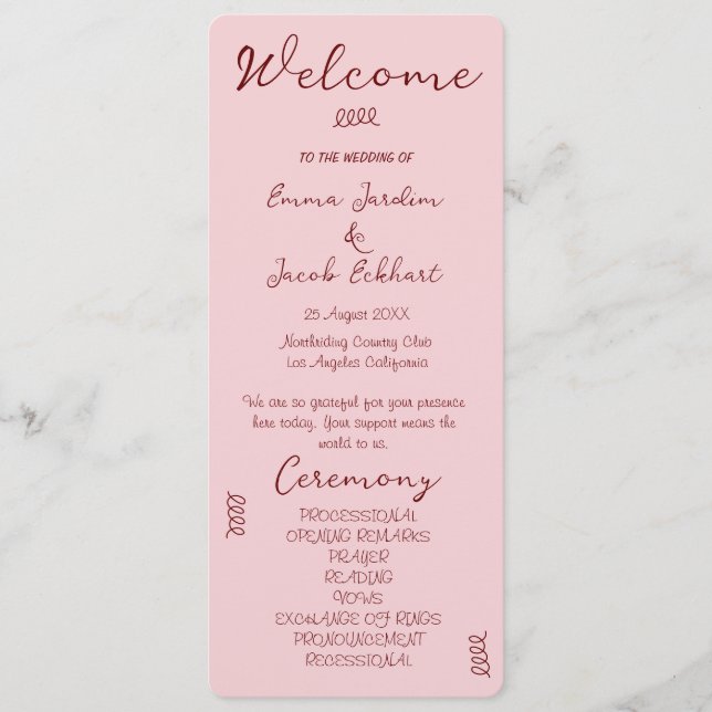 Programme Mariage Rose Gribouillis Fantaisistes et Originaux (Devant)