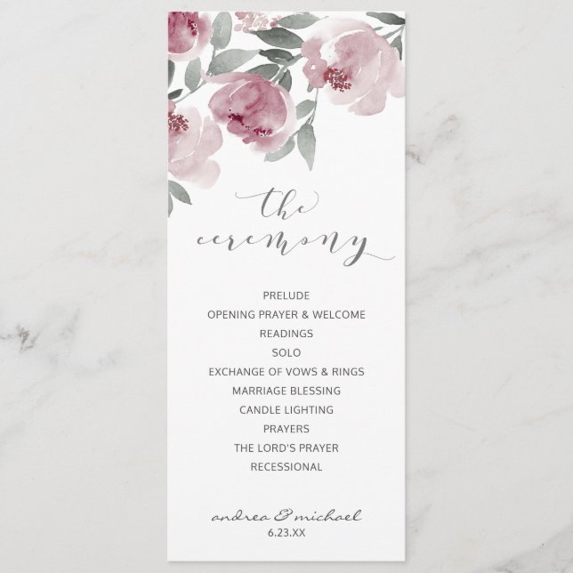 Programme Mariage Rose Poussiéreux Mauve Aquarelle (Devant)