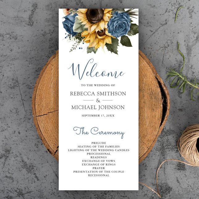 Programme Mariage Roses Fleurs de Tournesol Bleu Poussiéreux (Créateur téléchargé)
