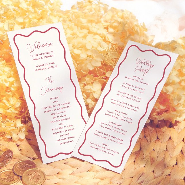 Programme Mariage Rouge Rétro Cadre Vague Moderne Gras (Créateur téléchargé)