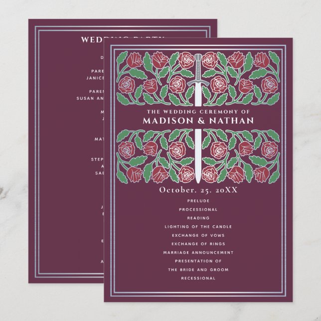 Programme Mariage Royal Médiéval Floral Argenté Épée Mauve (Devant / Derrière)