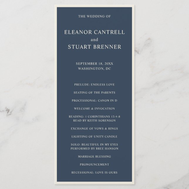 Programme Mariage Simple avec Bordure Bleu Marine et Ivoire (Devant)