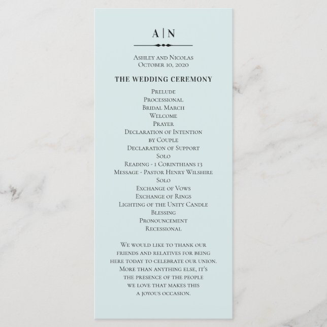 Programme Mariage simple bleu. Élégante typographie classiqu (Devant)