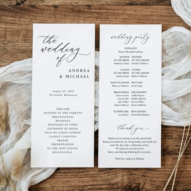 Programme Mariage Simple Élégant Sophistiqué (Elegant vintage script wedding programs with wedding party and thank you on back.)