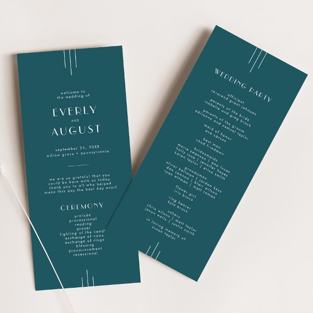 Programme Mariage Simple Rétro Art Déco Paon Sarcelle EVERLY (EVERLY Simple Retro Art Deco Peacock Teal Wedding Program)
