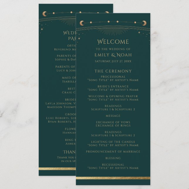 Programme Mariage Soleil Lune Étoiles Or Vert Deep Green (Devant / Derrière)