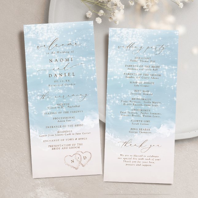 Programme Mariage sur la plage avec coeurs dans le sable en  (Modern Script Hearts In The Sand Beach Wedding Program)