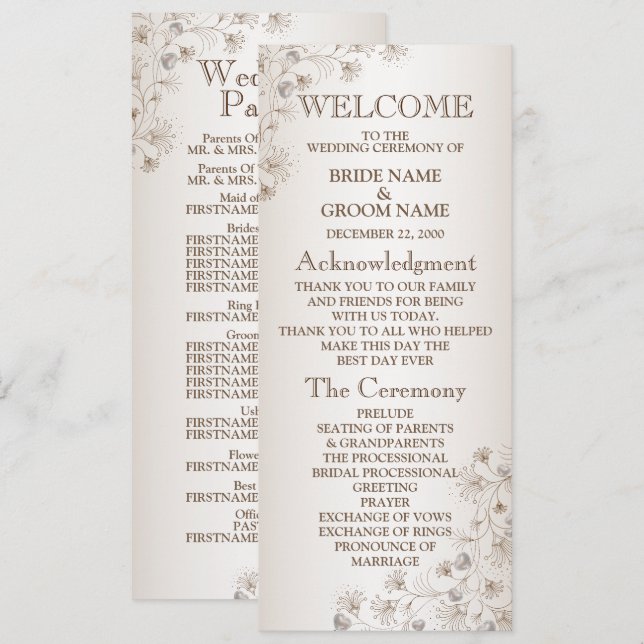 Programme Mariage Tan Floral Motif Cœur Beige Élégant (Devant / Derrière)