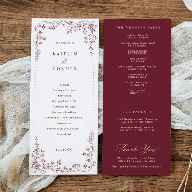 Programme Mariage Toile de Jouy Fleurie Rouge Bourgogne Vint (Burgundy wedding program with Victorian floral and toile de jouy design)
